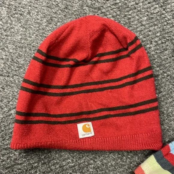 Carhartt Womens Beanie Hats Lot of 2 stripes reversaible fleece red colorful - Picture 2 of 5